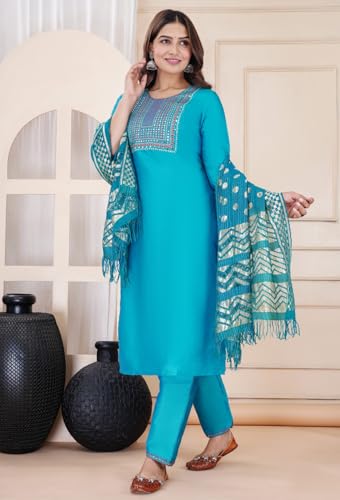Image of Women's Silk Embroidered Kurta with Pant and Dupatta Set, Straight Style