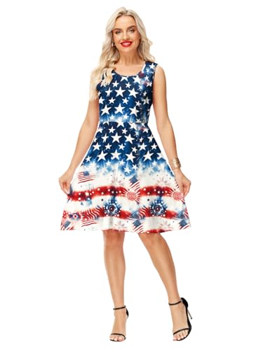 Image of Deerose 4th of July Dress for Women Sleeveless American Flag Patriotic Elastic High Waist Sundress