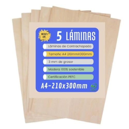 Wood's Art - 5 Tableros de Madera Contrachapada - Tamaño A4 210x300x3mm - Ideal para Corte por Láser, Manualidades, Pirograbado, Bricolaje, Pintura, Calado, Modelado