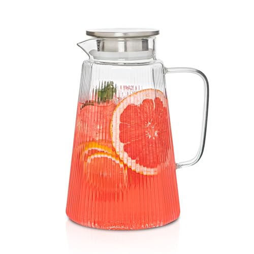 Glass Pitcher, 2.2 Liter/71oz Water Pitcher With Lid, Iced Tea Pitcher for Fridge, Carafe With Lid...