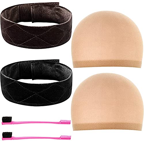 6 Pieces Velvet Wig Hair Band Set 2 Pieces Adjustable Wig Grip Headband Scarf Head Band and 2 Pieces Stocking Wig Caps with 2 Pieces Hair Edges Brushes for Women and Men