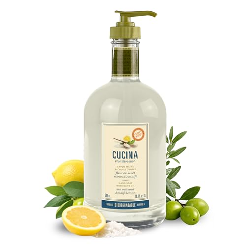Fruits & Passion [Cucina] - Sea Salt and Amalfi Lemon Hand Soap Kitchen Liquid Hand Soap Vegan-Friendly Natural Moisturizing Hand Wash in Glass Hand Soap Dispenser (16.9 fl oz)