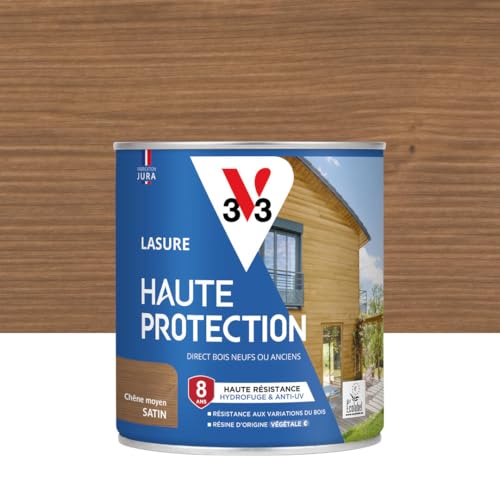 V33 Lasure Bois extérieur Chêne moyen satin - Haute Protection 8 ans - Haute résistance hydrofuge et anti-UV - Résiste aux variations du bois - Ecolabel,...