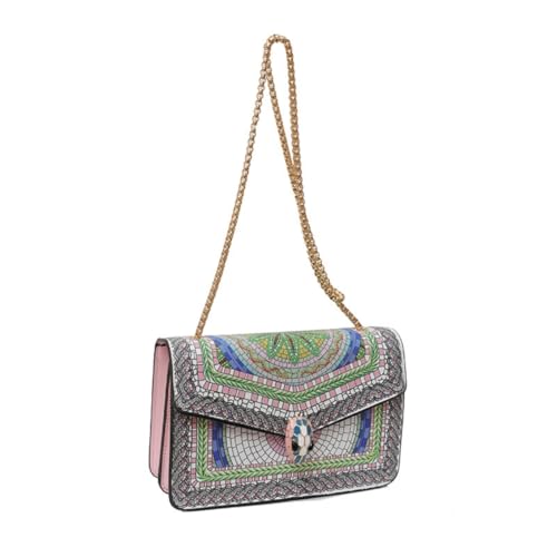 Women Crossbody Chain Purse with Snake Head Decor Square Satchel Handbag, Color-block PU Leather Shoulder Bag Underarm Bag