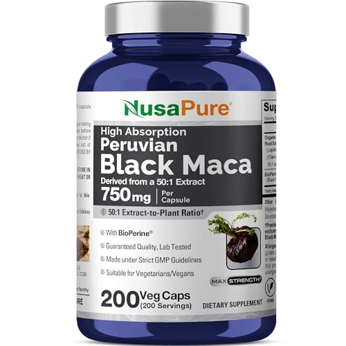 NusaPure Peruvian Black Maca Root, 750 mg, 200 Veg Capsules ((Non-GMO, Vegan)