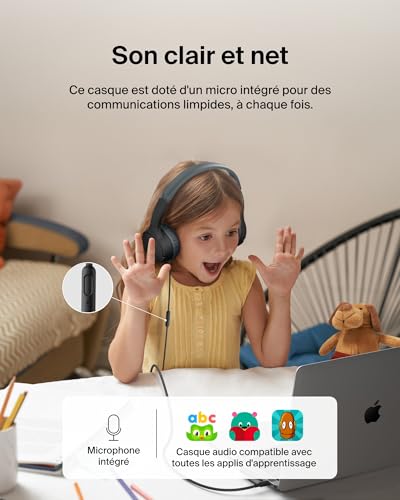 Belkin SoundForm Mini Casque Audio Enfant Filaire avec connecteurs USB-C et 3,5 mm, Micro et Autocollants, Volume de 85dB Max., pour apprentissages en Ligne, Voyages, iPhone, iPad, Galaxy, etc - Noir