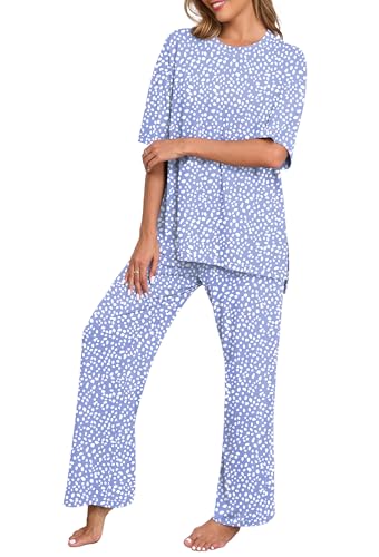 Image of PrinStory Womens Pajamas Sets 2 Piece Lounge Set Short Sleeve Tops and Long Pants Soft Pjs Loungewear with Pockets