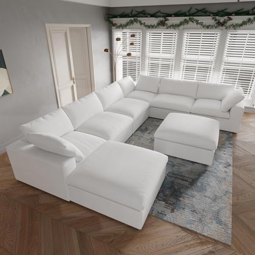 Image of 160 inch Cloud Sectional Couch, Overzised Down Filled Couch, 8 Seater Convertible Modular Cloud Sofa for Living Room, Minimalist Deep Seat Modern Couches,Sofa Cover Removable, White