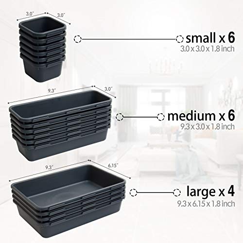 16 Pack Interlocking Drawer Organizer Tray, Desk Drawer Organizer, Office Drawer Dividers Storage Bins for Kitchen Bathroom Office, 3 Different Sizes, Grey