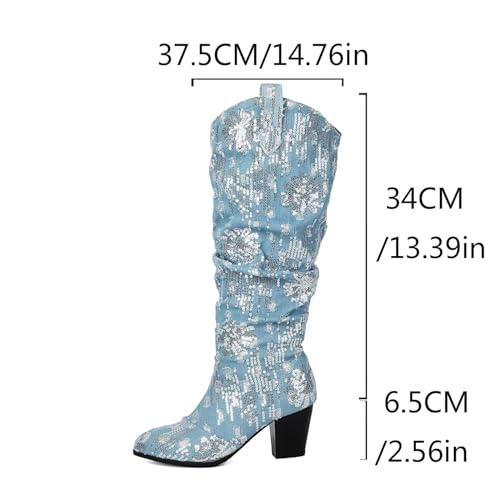 Women Sequins Western Denim Knee High Boots Embroidered Flowers Sparkly Cowboy Cowgirl Jean Tall Long Chelsea Round Toe Chunky Block Heels3