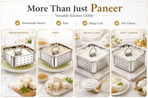 Image of Kanshita's Rasoiware Stainless Steel Paneer Maker Mould, 350ml, Square Paneer & Tofu Press with Lid, Whey Separator, Food Grade Cheese Making Container, 11.7 x 4.5 cm