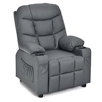 COSTWAY Kids Recliner Chair, PU Leather Upholstered Children Armchair Sofa with Footrest, Cup Holders, Side & Front Pockets, Single Toddler Gaming Lounger for Boys Girls (Grey)