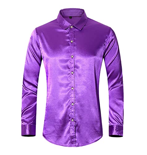 Chemise décontractée en soie pour homme violet uni manches longues taille 4XL