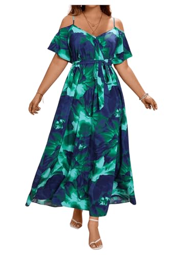 Image of Floerns Women's Plus Size Cold Shoulder Short Sleeve Split Thigh Long Dress