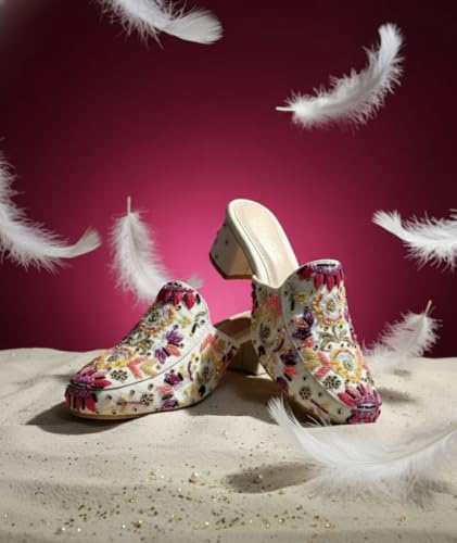 Image of Women's Hand-Embellished Floral Mules - Ornate Beaded Low Block Heel Slides - Artisanal Sequin & Threadwork Ethnic Party Shoes - Off-White /Magenta /Gold (UK Footwear Size System, Adult, Women, Numeric, Medium, 5)