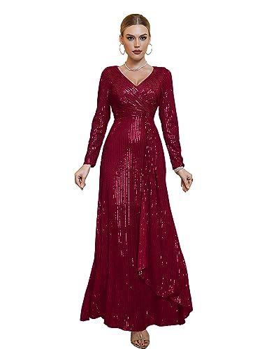 Image of Long Sleeve Sequin Dress For Women Formal Gowns Sparkly V Neck Maxi Dress