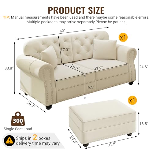 Image of KEIKI 63 inch Velvet Chesterfield Sofa with Rolled Arms & Nailhead Trim & 1 Ottoman, Modern 2-Seater Button Tufted Couch with High Resilience Cushion & 2 Pillow, Easy Assembly, for Living Room, White