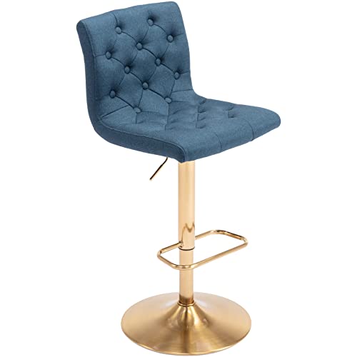 Brage Living Tufted Fabric Bar Stool, Adjustable Swivel Counter Height Barstool with Back, Upholstered Armless Airlift Bar Chair for Kitchen Dining Cafe, 1 pc (Blue, Gold Base)