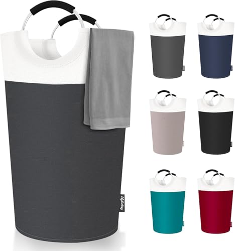 Image of 90L Large Laundry Basket, Collapsible Laundry Bag, Freestanding Tall Clothes Hamper, Foldable Washing Bin (White & Grey)
