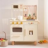 ROBUD Wooden Play Kitchen Set, Pretend Play Kitchen for Kids, Toy Kitchen with Microwave, Sink, Stove and Ice Maker, Toddlers Kitchen Playset Gift for Boys Girls, 3+ (Cream)