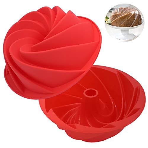 2 Pack Silicone Bundt Cake Pan Fluted Cake Moulds 95 inch Non-Stick Round Tube Cake Baking Pans for Jello Gelatin Kugelhopf Bread Bakeware - Red