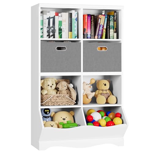 Image of BOTLOG White Toy Storage Organizer, Children Bookcase and Bookshelf with 2 Bins and Cubbies, Toddler 8 Cubby Toy Storage Cabinet for Boys Girls, Kids Room, Playroom, White