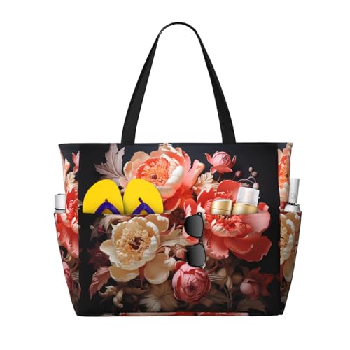 Brightly colored peonies Large Capacity Beach Travel Bag, Foldable Beach Bag with Zipper, Great for Grocery Bag Pool Gym Travel Shopping