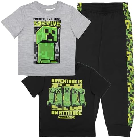 Minecraft Creeper Boys 3-Piece Pants Set, Two Short Sleeve T-Shirts &amp; Jogger Pants 3-Pack Bundle Set for Kids