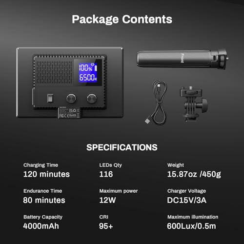 RALENO 116 LED Kamera Video Licht, 12W 600Lux Videoleuchte mit Mini-Stativ und Eingebauter 4000mAh Akku CRI95+ 2500-6500K, USB Videolicht für YouTube TikTok Zoom Fotografie Konferenzen Live-Streaming