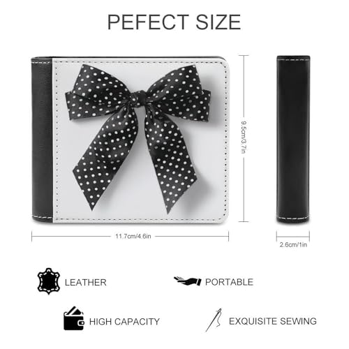 Black White Polka Dot Ribbon Bow Soft PU Leather Bifold Wallet, Coin Purse Credit Pass Case, Durable Card-Holder Slim Billfold for Men Woman Money Storage2