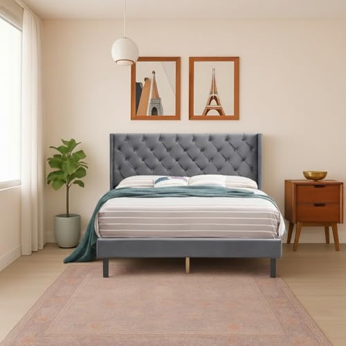 Image of Wooden Upholstered Bed King Size Without Storage | Wrought Iron King Size Cot with Headboard | Double Size Bed for Bedroom | Palang Furniture for Guest Room, Grey Finish-1, (Grey Finish-1)