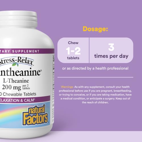 Image of Natural Factors Suntheanine L-Theanine 100 mg - Health Supplement for Calm Outlook - L-Theanine Supplement Supports Relaxing Sleep & Aids Against Drowsiness - 120 Chewable Tablets (60 Servings)