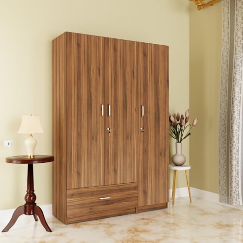 Image of VIKI Wardrobe |Wooden Almirah for 3 Door Wardrobe with 1 Drawer & Hanging Space (Brussel Walnut - 40D x 120W x 180.8H) | 1 Year Warranty | Free Assembly