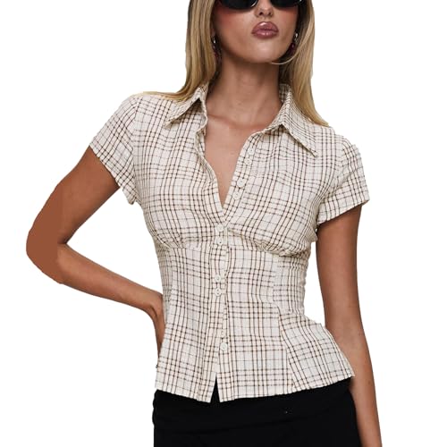 Womens Button Down Shirts Short Cap Sleeve V Neck Collared Plaid Waisted Blouses Summer Casual Tops2