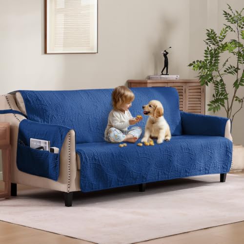 Image of Soft Quilted Couch Cover with Pockets for Extra-Large Sofa, Anti-Slip Sofa Covers Washable for 3 Cushion Pet Friendly, Oversized Sofa Cover Water-Repellent (X-Large Sofa 78 inch, Blue)