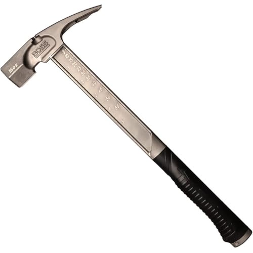 Boss Hammer Pro Series Titanium Hammer with Over-Molded No-Slip Rubber Grip - 16 oz, Construction Grade, Dual Side Nail Pullers, Smooth Faced - BH16TIS