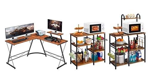 Mr IRONSTONE 50.8" L-Shaped Desk & 3-Tier+3-Tier Vintage Microwave Stand & 3-Tier+4-Tier Rustic Brown Microwave Stand