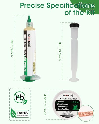 Image of Kaisiking Soldering Flux Paste (10cc) & Desoldering Wick Kit - Premium Rosin Solder Flux for Electronics Repair, 0.1 inch Braided Copper Wick for PCB, SMD & DIY Projects