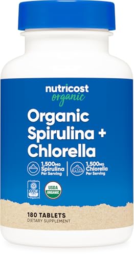 Nutricost Organic Spirulina + Chlorella (3 000mg) 180 Tablets - USDA Organic 1 500mg Spirulina 1 500mg Chlorella Vegan GMO-Free Gluten-Free 30 Servings