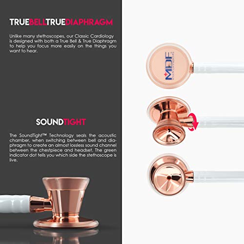 Image of MDF Instruments, Rose Gold ProCardial Cardiology Stethoscope, Stainless Steel, Adult, Dual Head, White Tube, Rose Gold Chestpiece-Headset, MDF797RG29