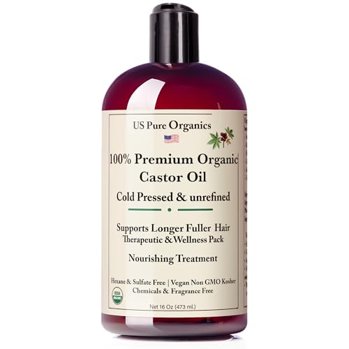 Premium Organic Castor Oil Cold Pressed Unrefined For Skin Scalp Hair Growth Eyelashes & Eyebrows, Therapeutic & Detox. Hexane & Chemicals Free 16Oz