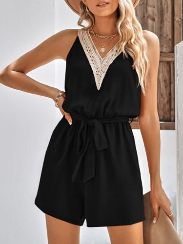 PRETTYGARDEN Women's Summer Sexy V Neck Romper 2025 Fashion Sleeveless Casual Waist Tie Short Jumpsuit With Pocket - Image 6