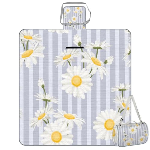 Shimoshe Picnic Blankets 57”x 59”, Striped Background Daisies Waterproof Sandproof Picnic Mat Lightweight Foldable Beach Blanket for Camping Park Grass Beach Outdoor Blanket