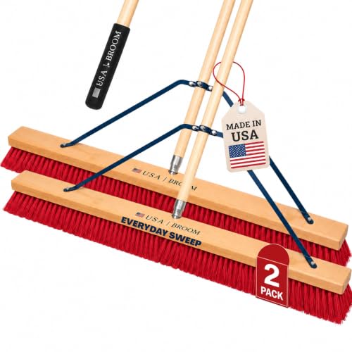 Image of 2-Pack - 36 inch Everyday Sweep Indoor /Outdoor Push Broom with 60 inch Handle. Ideal for Garages & Shops. Durable American Made Steel Brackets-All Stainless Steel Hardware. No Plastic. 100% USA Made