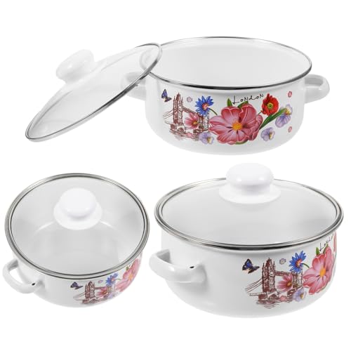 CIYODO 3 piezas Olla de Cocina Esmaltada Vintage con Doble Asa Resistente al Calor para Estofados y Sopas Compatible con Estufas Eléctricas Inducción y Gas