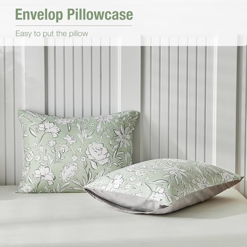 Image of Lekesky Queen Size Duvet Cover Set, Reversible Duvet Cover Queen with White Floral Pattern, Lightweight Soft Microfiber Comforter Cover, 3 Pieces Green Bedding Set with Zipper and 2 Pillowcases