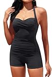 Tempt Me Women Black Tummy Control One Piece Swimsuits with Shorts Boyleg Retro Bathing Suit Halter Swimwear L