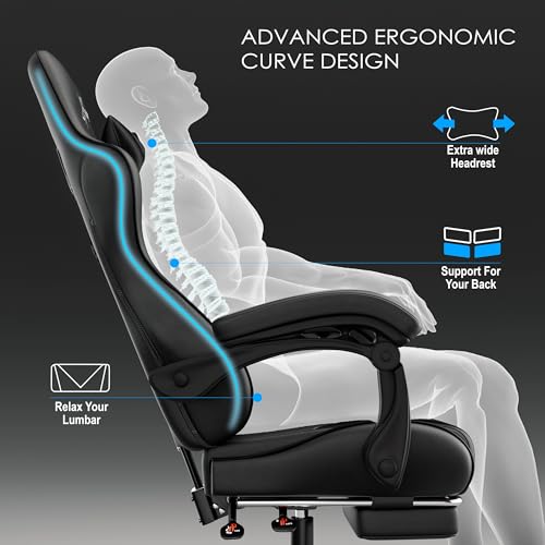 Blisswood Gaming Chair – Ergonomic Video Game Computer Chair with Footrest, Headrest & Lumbar Support, Height-Adjustable High Back Reclining PC Racing Gamer Chair for Adults – Black - Image 6