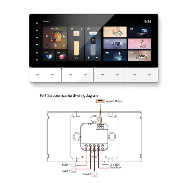 Smart Home Lighting Control Panel, Touch Screen Interface, Multi-Room Scene Control, Dimmable LED Settings, Digital Display 6.2 Inch Smart Control (Bundle: F5-1 EU 3light White)