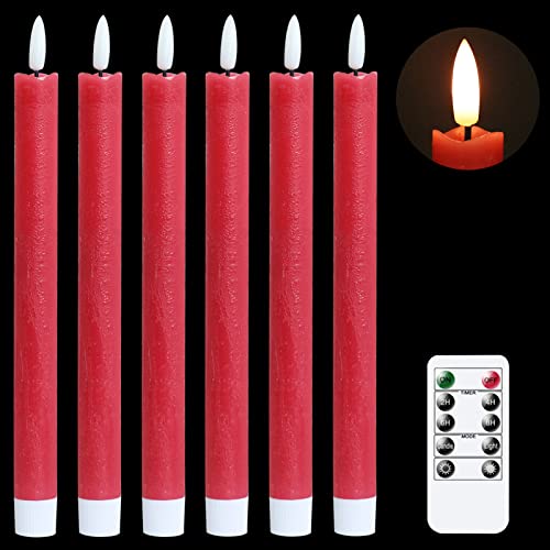 Image of GenSwin Flameless Red Taper Candles Flickering with 10-Key Remote, Battery Operated Led Warm 3D Wick Light Window Candles Real Wax Pack of 6, Christmas Home Wedding Decor(0.78 X 9.64 Inch)